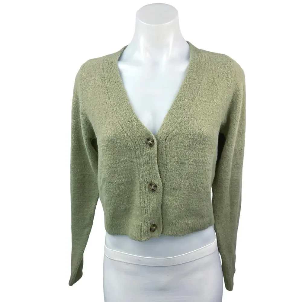 Theo & Spence Olive Green Knit Button Long Sleeve Cropped Cardigan Sweater Top S